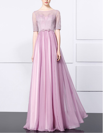 Elegant Floor Length Chiffon Beading Evening Dresses with Half Sleeves