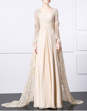 Custom Floor Length Chiffon Evening Dresses with Long Lace Sleeves