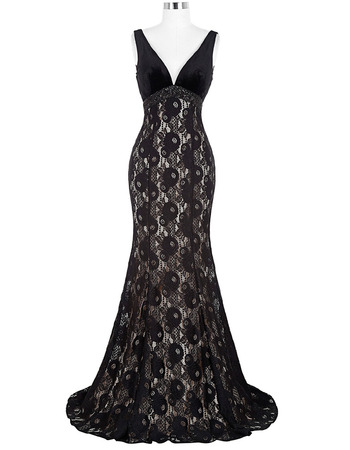 Floor Length V-Neck Lace Black Evening/ Prom/ Party Dresses