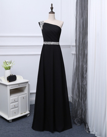 Custom One Shoulder Floor Length Chiffon Black Evening/ Prom Dresses
