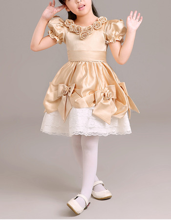 Affordable Short Taffeta Lace Flower Girl Dresses with Bubble Sleeves