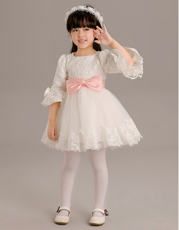 Adorable Short Flower Girl Dresses with 3/4 Long Sleeves and Sashes