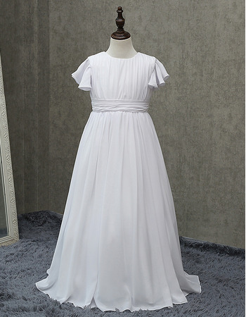 Inexpensive Long Chiffon First Communion Dresses with Short Sleeves