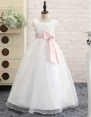 Adorable Floor Length First Communion Dress with Cap Sleeves and Sash