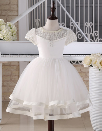 Ball Gown Knee Length First Communion Dress with Short Sleeves