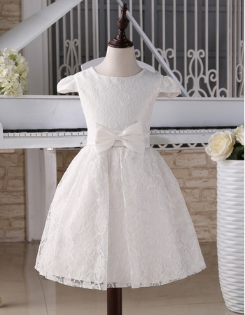 Custom Knee Length Lace First Communion Dresses with Cap Sleeves