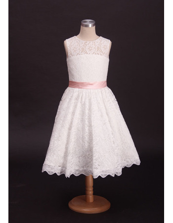 Stunning A-Line Tea Length Lace First Communion Dresses with Belts