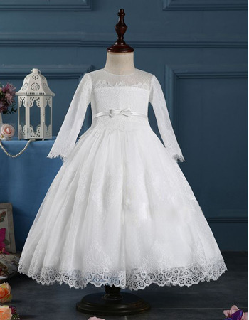 Custom Ball Gown Tea Length First Communion Dresses with Long Sleeves