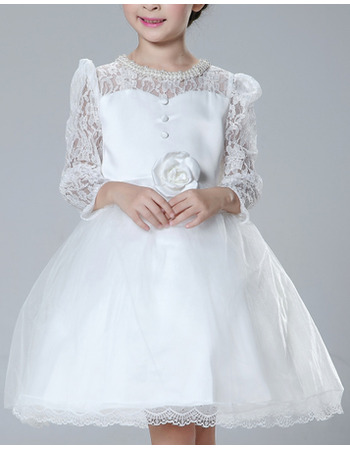 Ball Gown Short First Communion Dresses with Long Lace Sleeves
