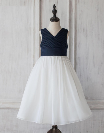 Custom V-Neck Sleeveless Tea Length Organza Pleated Flower Girl Dress