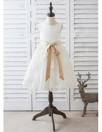 Custom Knee Length Lace Skirt Flower Girl Dresses with Sashes