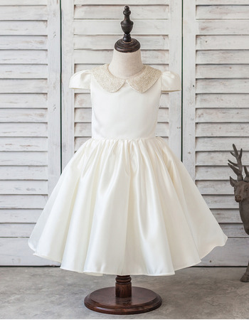 Adorable Ball Gown Short Satin Flower Girl Dresses with Cap Sleeves