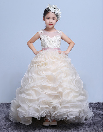 New Sweep Train Ruffle Skirt Flower Girl Dresses with Belts