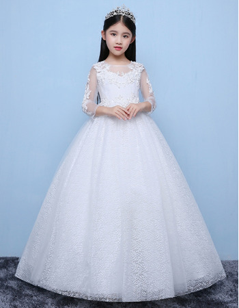 Custom Ball Gown Floor Length Lace Flower Girl Dress with Long Sleeves