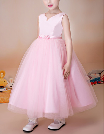 Custom Ball Gown Sleeveless Tea Length Satin Organza Flower Girl Dress