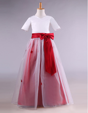 Custom Floor Length Flower Girl Dresses with Short Sleeves and Sashes