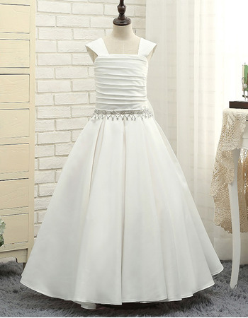 Inexpensive A-Line Long Satin Flower Girl/ First Communion Dresses