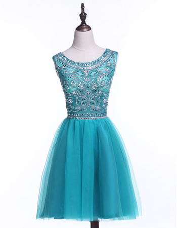 Discount A-Line Sleeveless Short Satin Rhinestone Homecoming Dresses