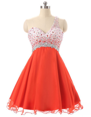 Affordable Empire One Shoulder Chiffon Rhinestone Homecoming Dresses