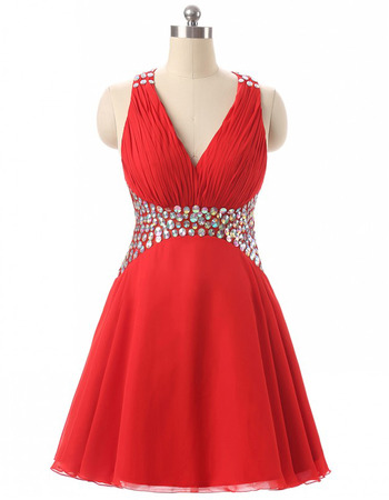 Sexy V-Neck Sleeveless Short Chiffon Rhinestone Homecoming Dresses