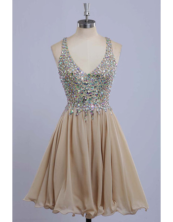 Custom V-Neck Mini/ Short Chiffon Rhinestone Homecoming Dresses