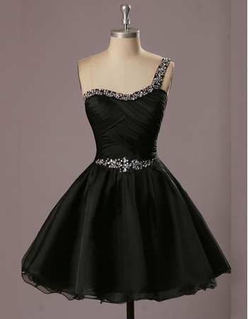 A-Line One Shoulder Short Black Homecoming Dresses