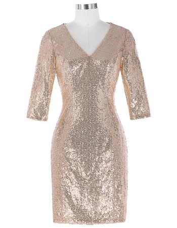 Custom V-Neck Knee Length Sequin Mother Dresses with 3/4 Long Sleeves