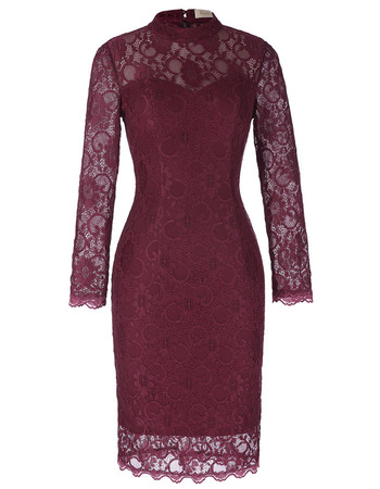 Mandarin Collar Knee Length Lace Mother Dresses with Long Sleeves