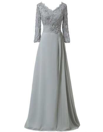 Elegant V-Neck Floor Length Chiffon Mother Dress with 3/4 Long Sleeves