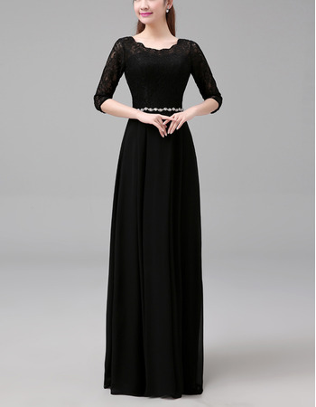 Long Chiffon Lace Black Mother Dresses with 3/4 Long Sleeves