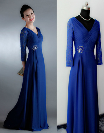 Custom V-Neck Floor Length Chiffon Mother Dress with 3/4 Long Sleeves