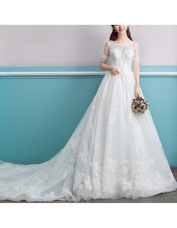 Chapel Train Organza Wedding Dresses with Short Sleeves