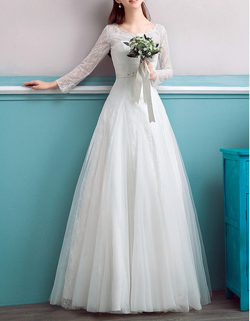 Custom Floor Length Lace Wedding Dresses with Long Lace Sleeves