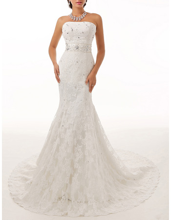 Discount Sheath Strapless Sleeveless Sweep Train Lace Wedding Dresses