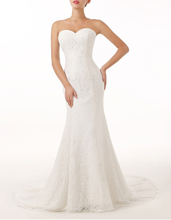 Sexy Sheath Sweetheart Sleeveless Sweep Train Lace Wedding Dresses