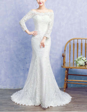 Inexpensive Off-the-shoulder Lace Wedding Dresses with Long Sleeves