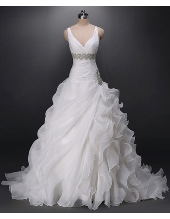 Sexy V-Neck Sweep Train Organza Asymmetric Ruffle Wedding Dresses