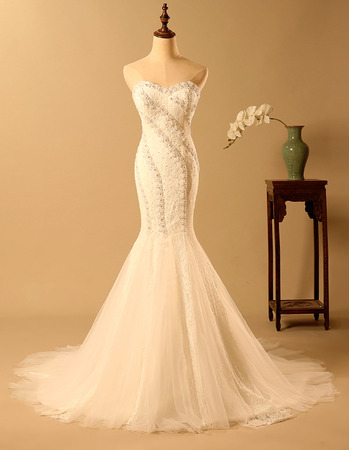 Affordable Mermaid Sweetheart Long Lace Bodice Wedding Dresses