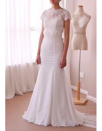 Vintage Sheath Sweep Train Chiffon Wedding Dresses with Short Sleeves