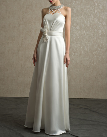 Custom Beading Neck Floor Length Satin Wedding Dresses with Straps