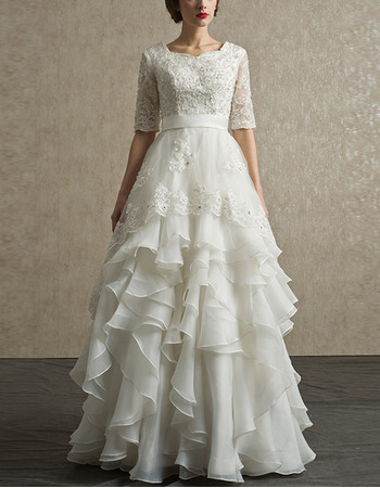 Affordable Chiffon Layered Skirt Wedding Dresses with Half Sleeves