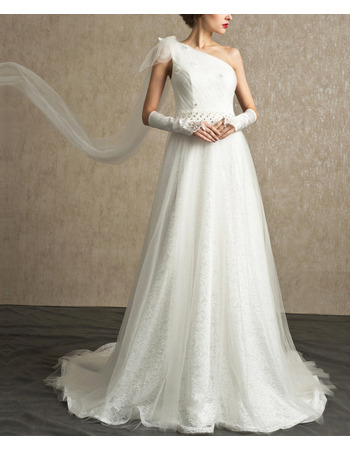 Custom One Shoulder Sweep Train Lace Organza Wedding Dresses