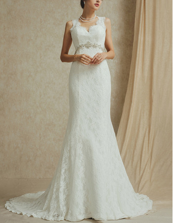 Elegant V-Neck Sleeveless Sweep Train Lace Backless Wedding Dresses