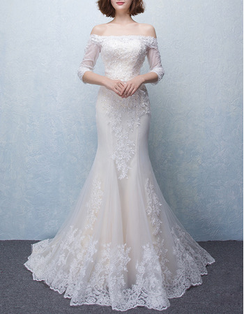 Custom Mermaid Long Organza Wedding Dresses with 3/4 Long Sleeves