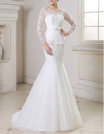 Sexy Mermaid Sweep Train Organza Wedding Dresses with Long Sleeves