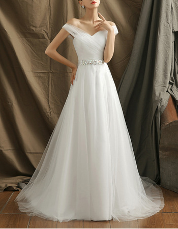 Affordable Sweetheart Sweep Train Organza Wedding Dresses with Straps