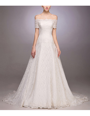 Custom Off-the-shoulder Lace Wedding Dresses with Short Sleeves