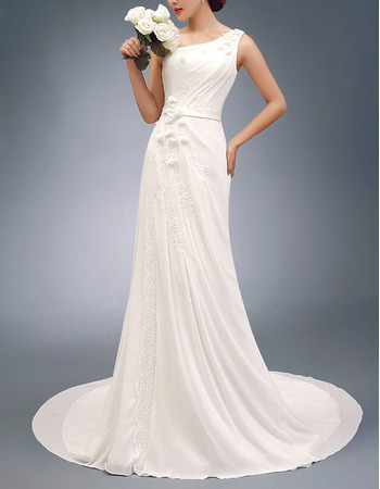 Discount One Shoulder Sleeveless Sweep Train Chiffon Wedding Dresses