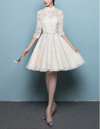 Affordable Mandarin Collar Lace Wedding Dresses with 3/4 Long Sleeves