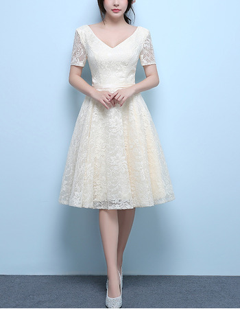 New V-Neck Knee Length Lace Wedding Dresses with Short Sleeves